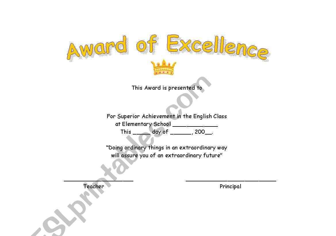 Award of Excellence! worksheet