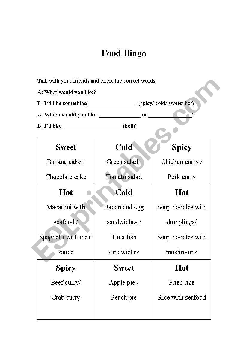 Food Bingo worksheet