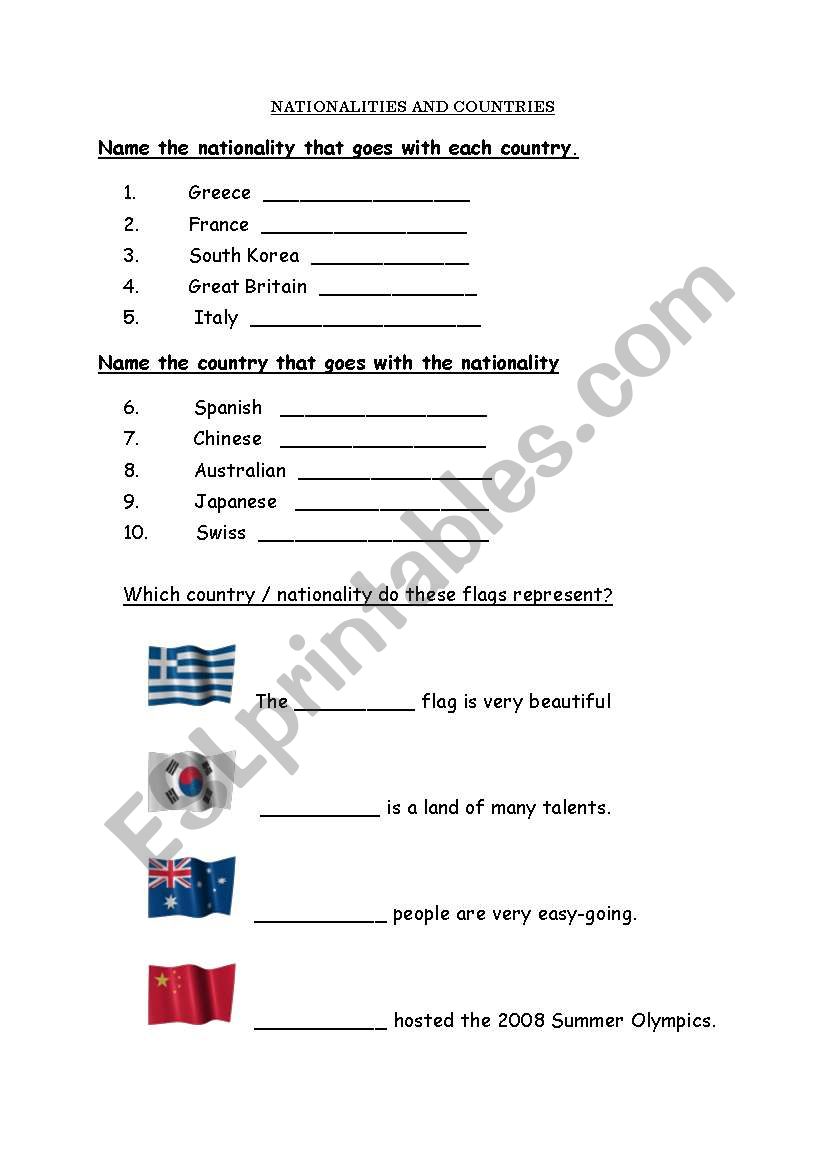 Nationalities and Countries worksheet