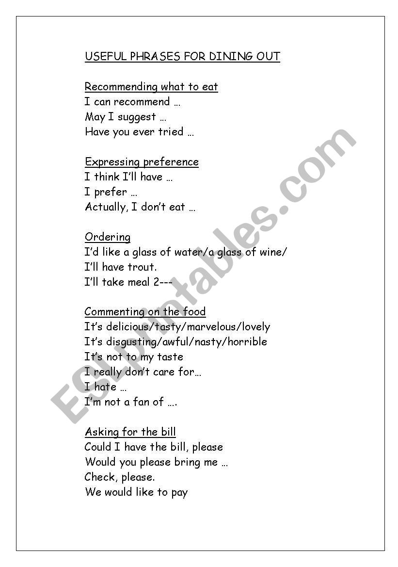 Useful Phrases for Dining Out worksheet