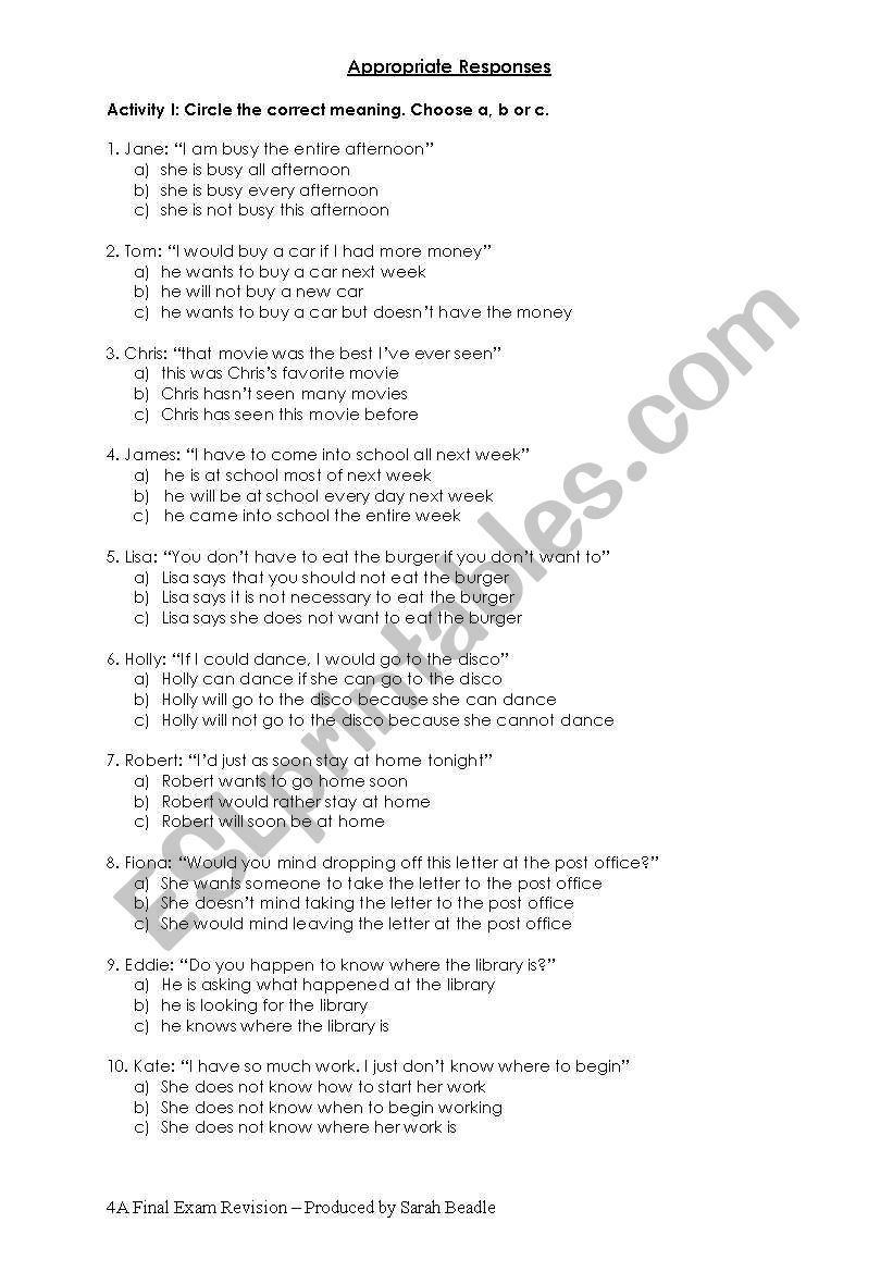 Appropriate Responses worksheet