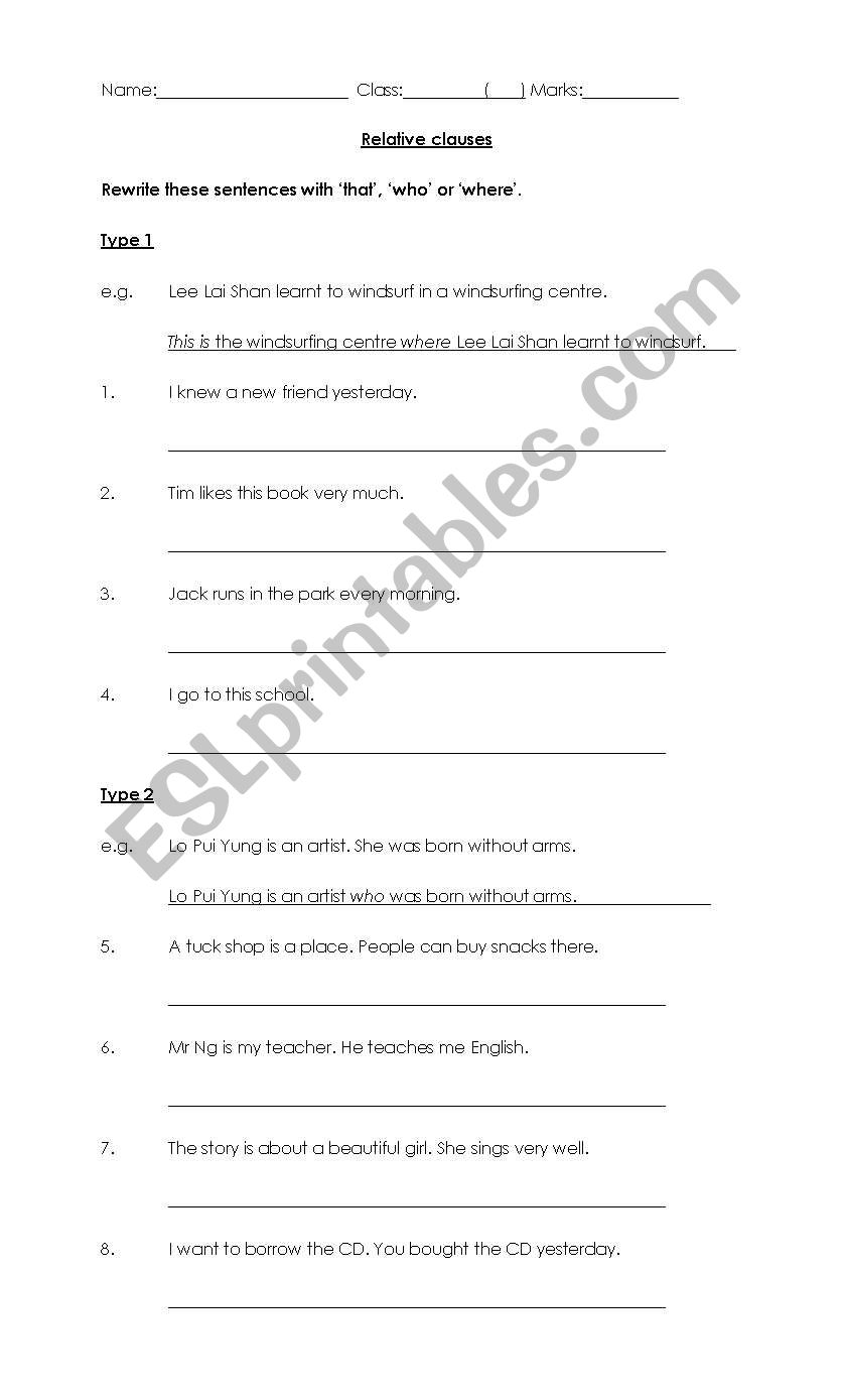 Relative Clauses worksheet