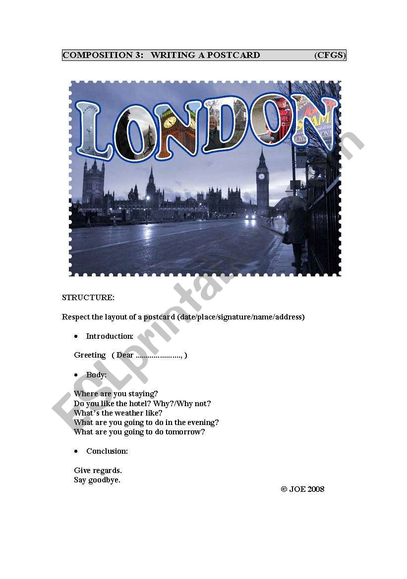 Writing a postcard worksheet