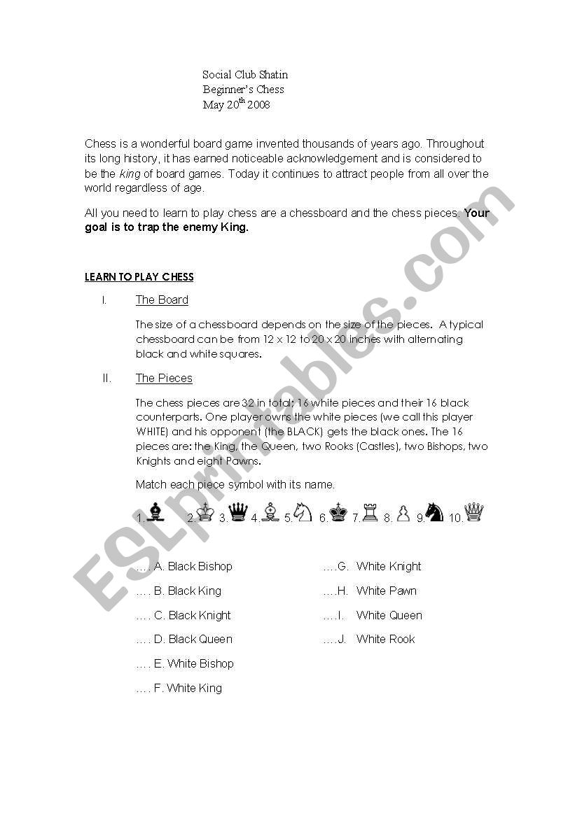 Chess worksheet