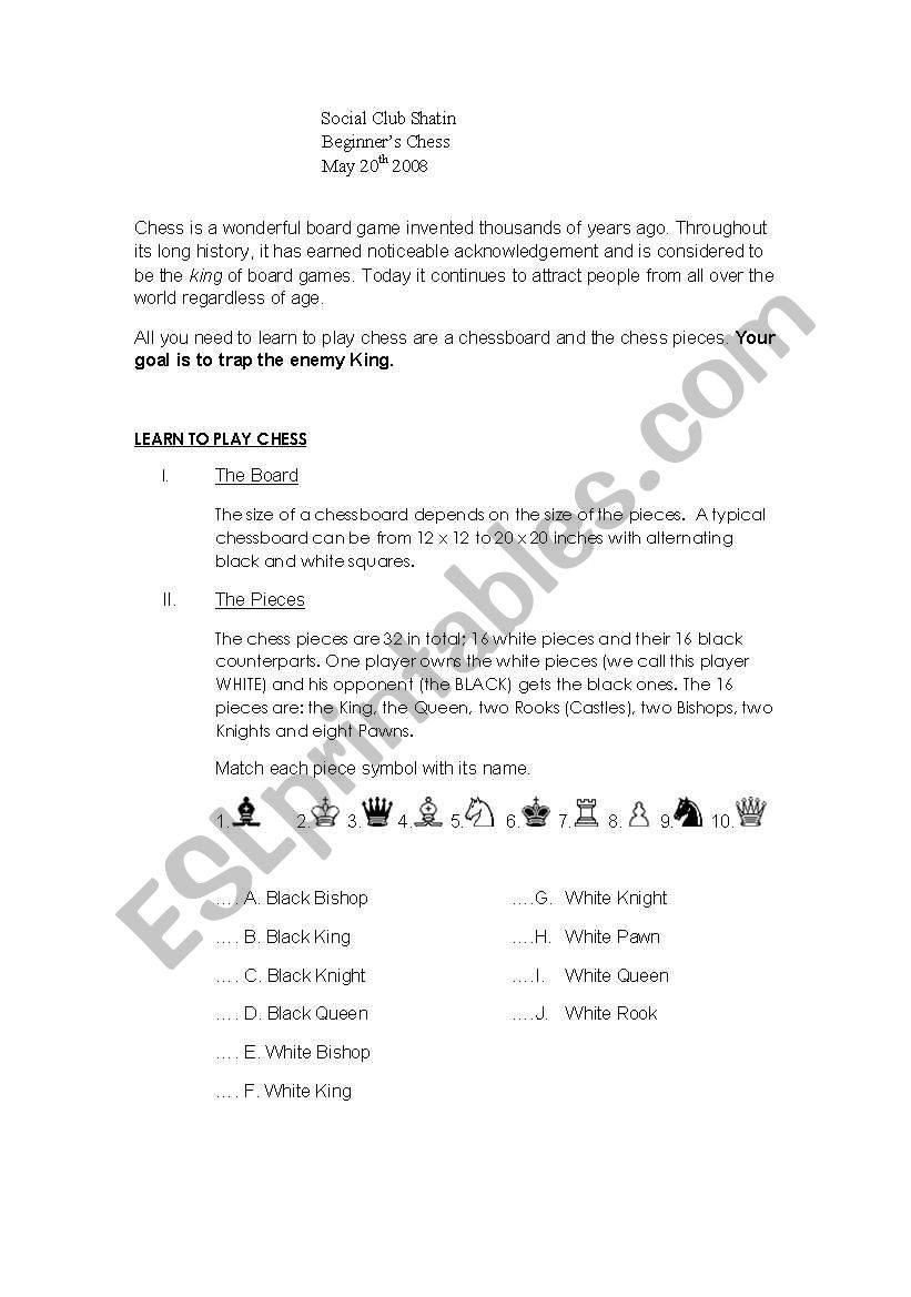 Chess worksheet