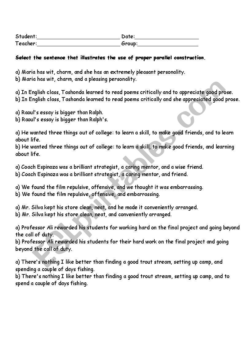 Parallelism - ESL worksheet by allyneturano Intended For Parallel Structure Worksheet With Answers