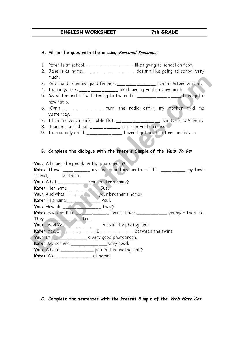 Woksheet 7th grade worksheet