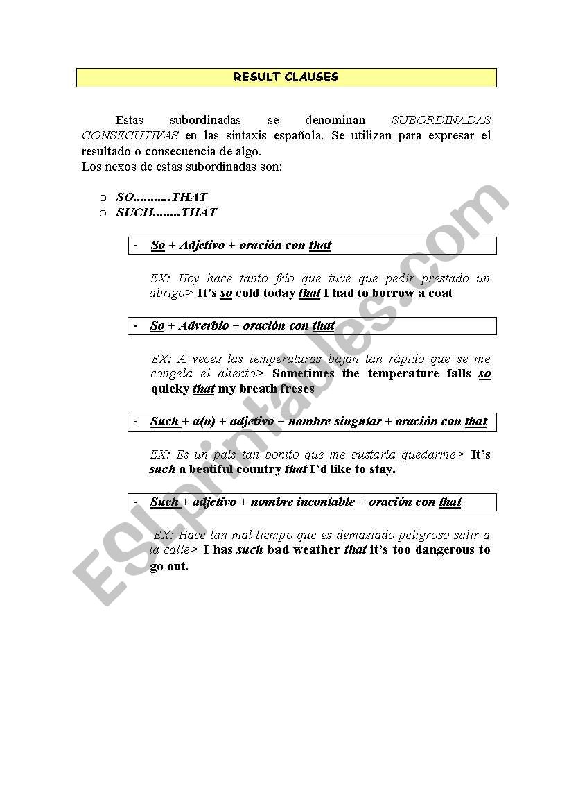 RESULT CLAUSES worksheet