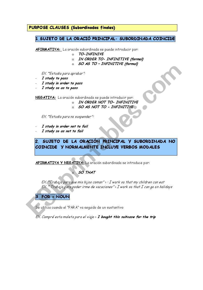 PURPOSE CLAUSES worksheet