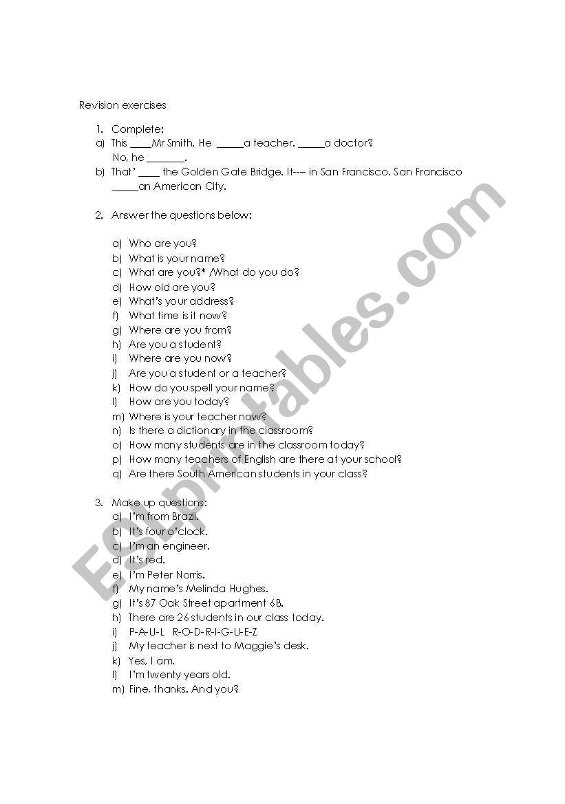Revision Exercises worksheet