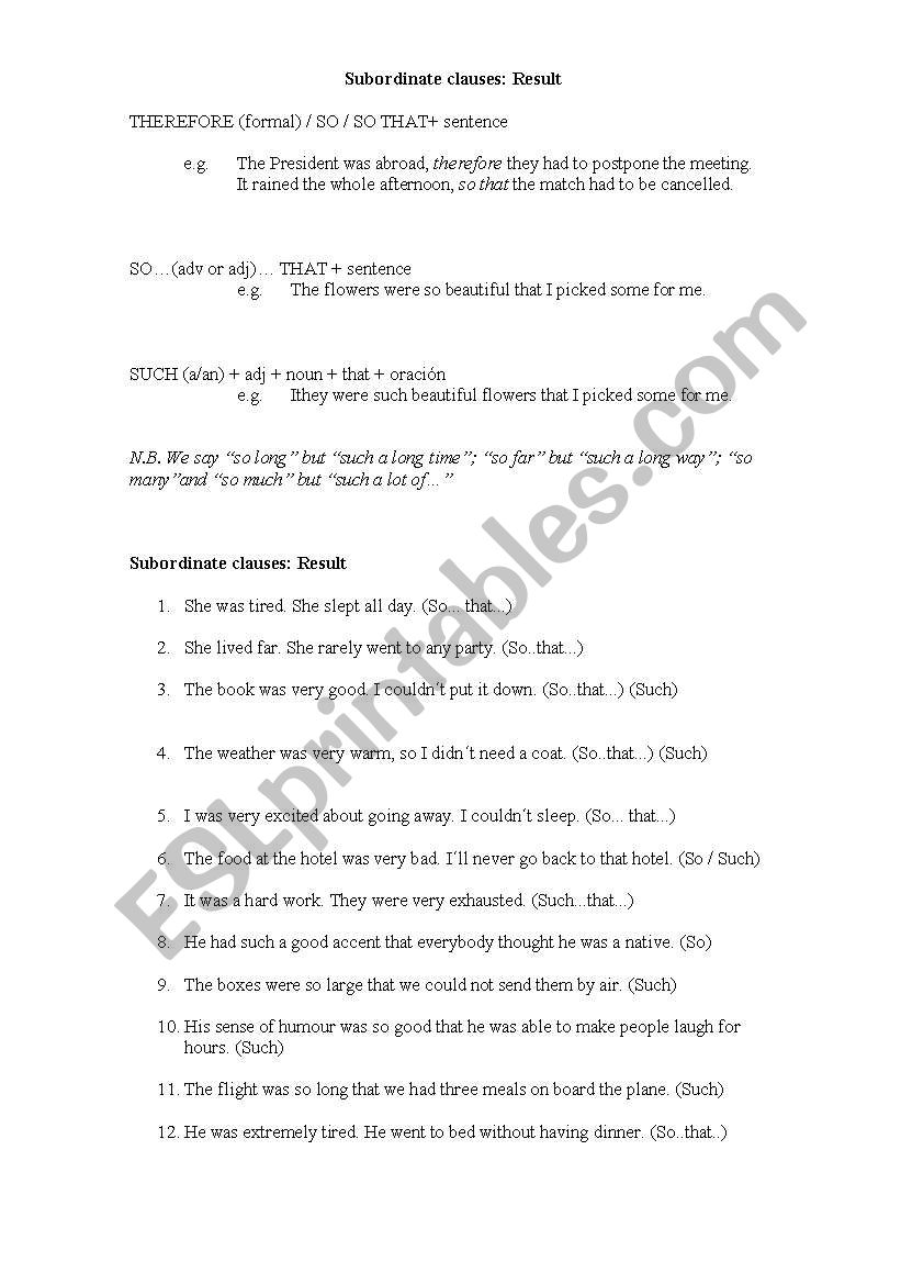 Subordinate clauses: REsult worksheet