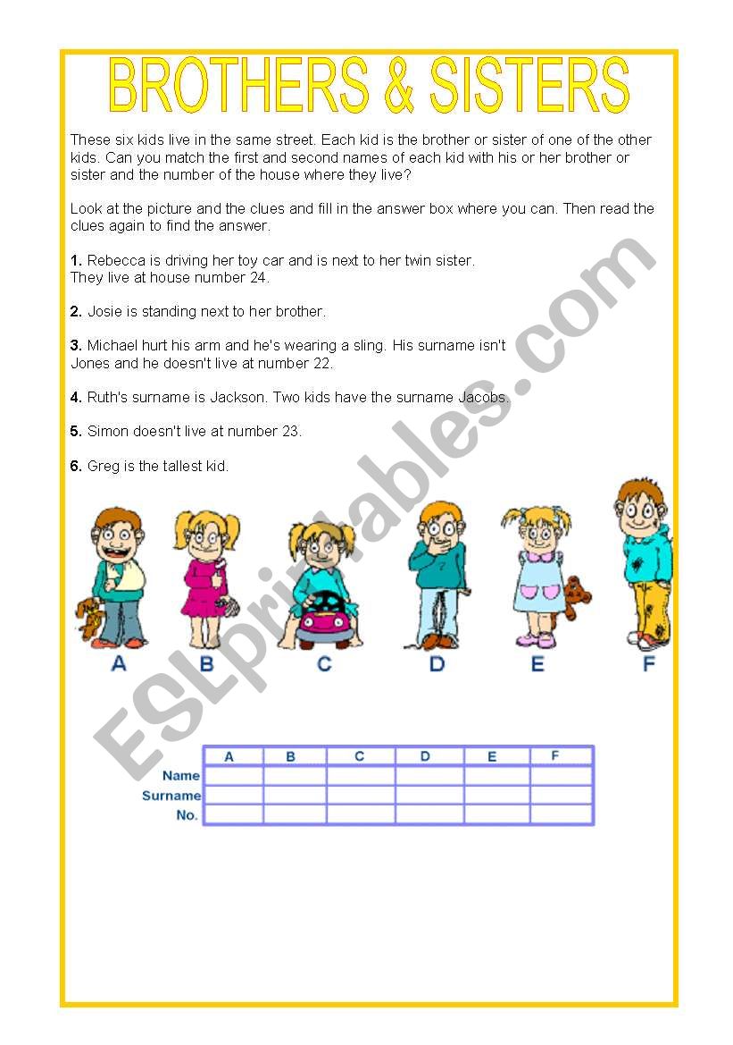 BROTHERS AND SISTERS worksheet