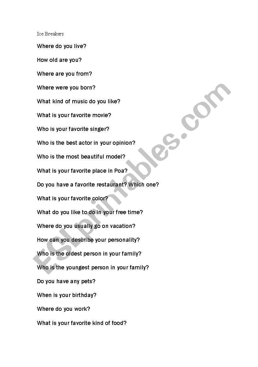 iCE bREAKERS worksheet