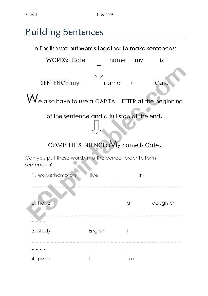 BUILDING SENTENCES worksheet