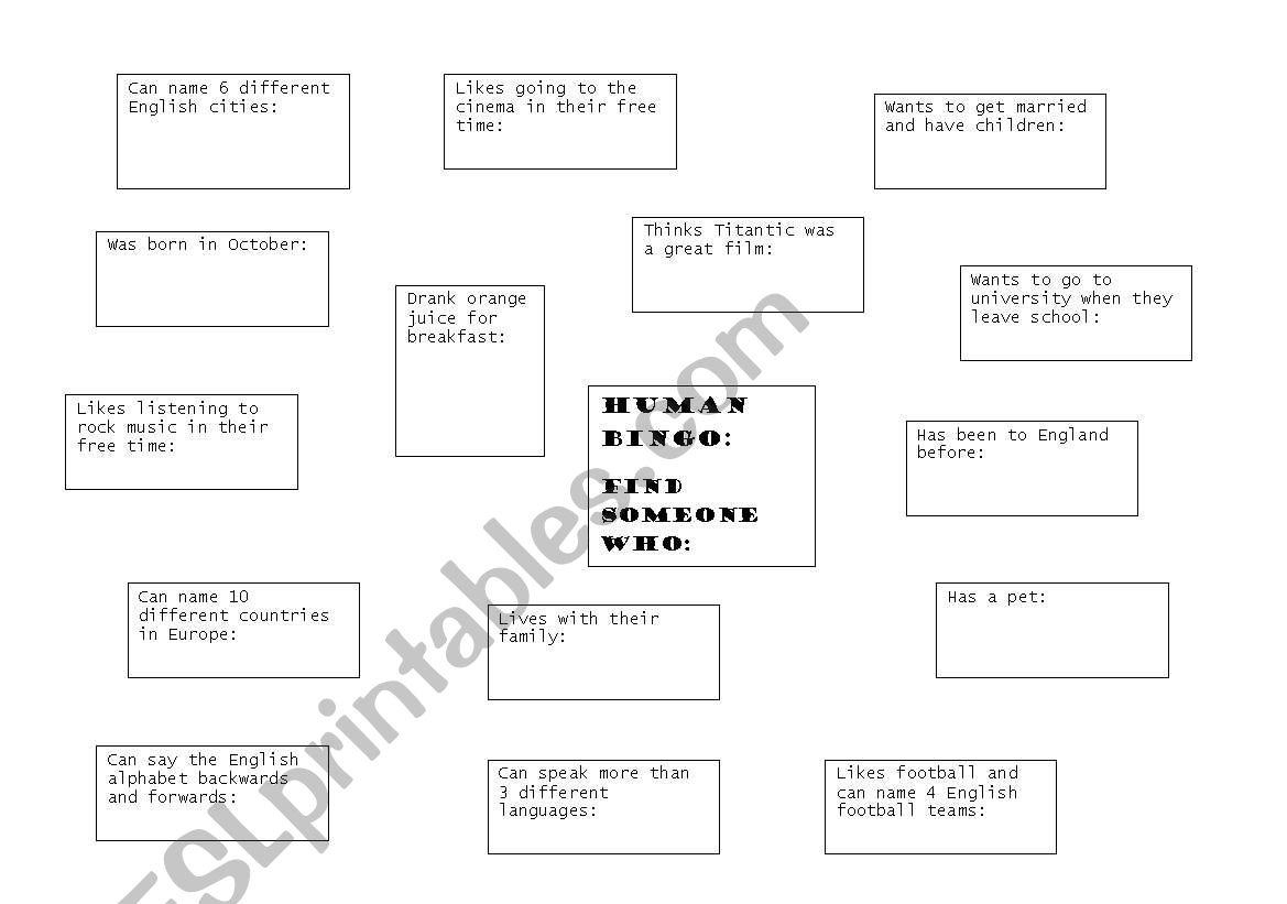 Human Bingo worksheet worksheet
