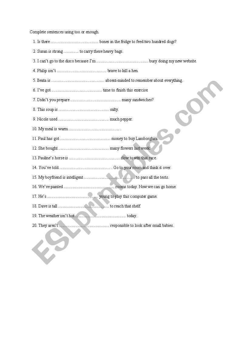 TOO / ENOUGH worksheet