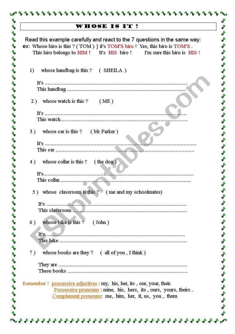 WHOSE IS IT ?  worksheet