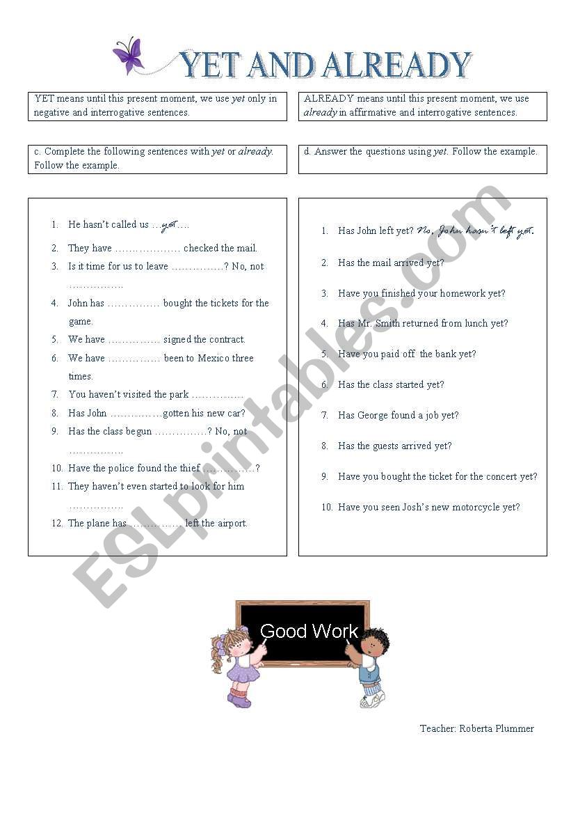 yet and already worksheet