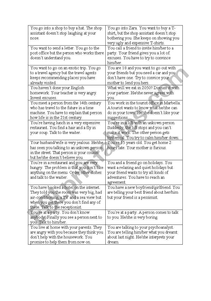 Trivial Game: Situations part worksheet