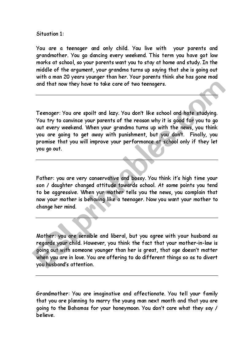 Family and work role plays worksheet