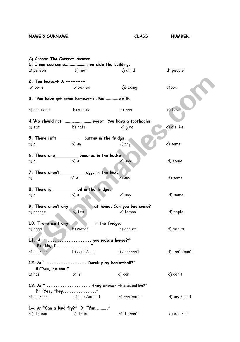 Easy test worksheet