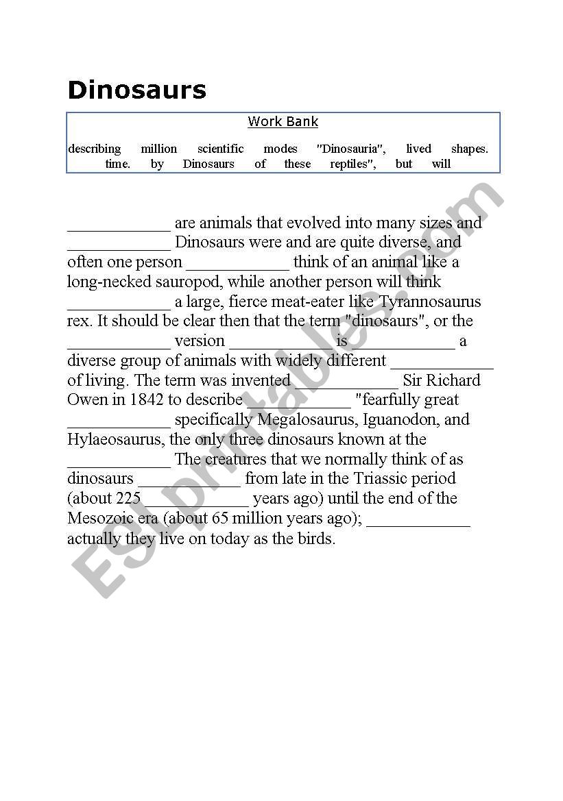 Wordbank: Dinosaurs worksheet