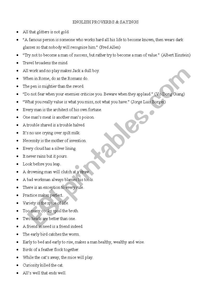 english proverbs & sayings worksheet