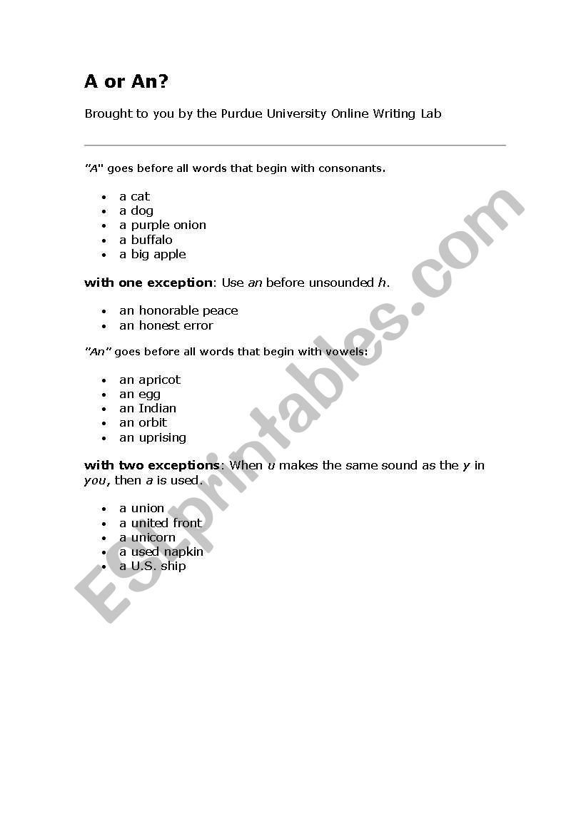 A/AN WORKSHEET EXPLANATION AND EXERCISES