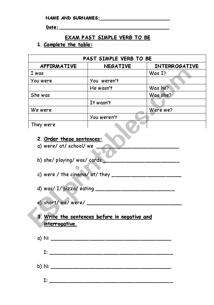 PAST SIMPLE TO BE worksheet
