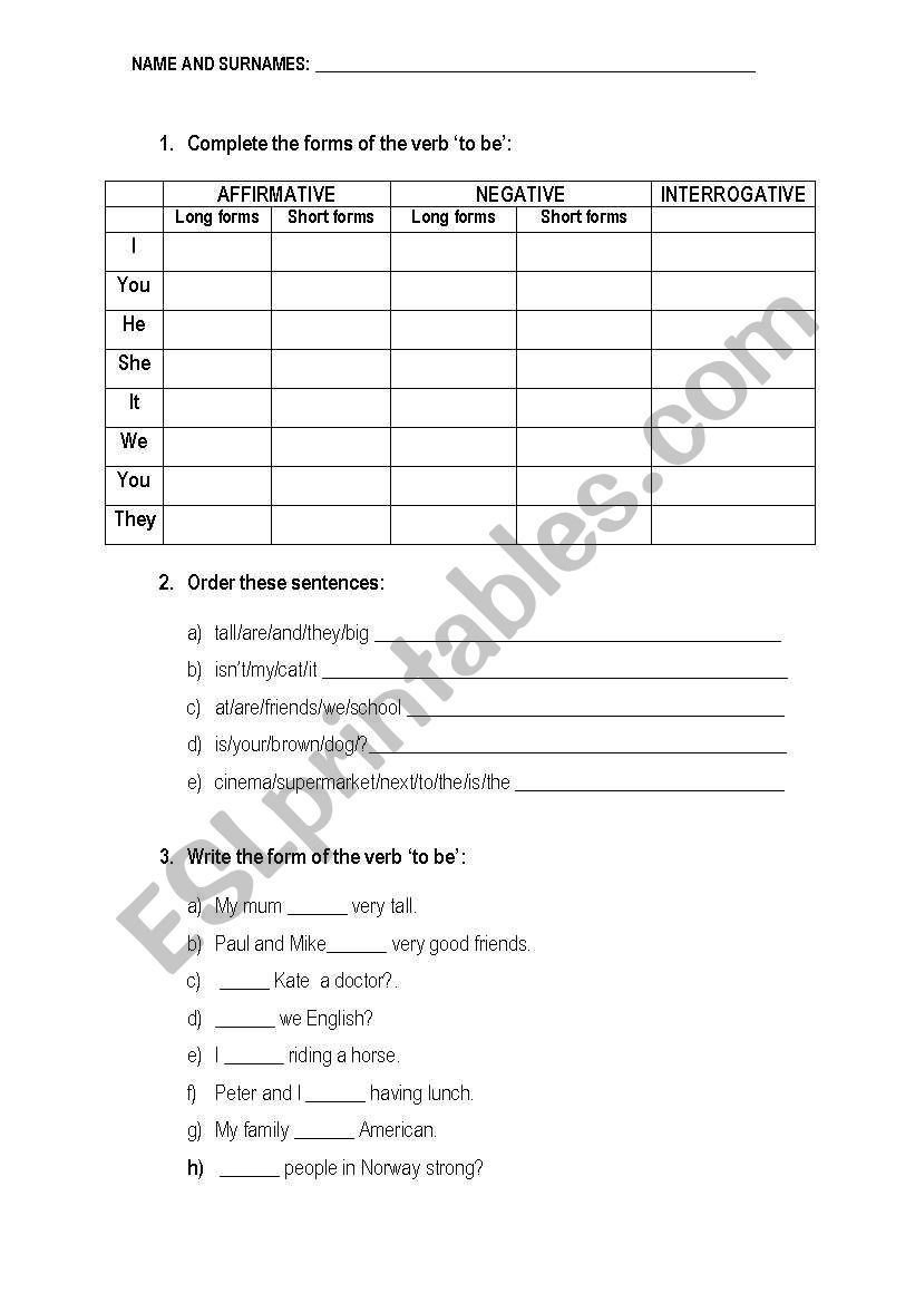 TO BE PRESENT SIMPLE worksheet