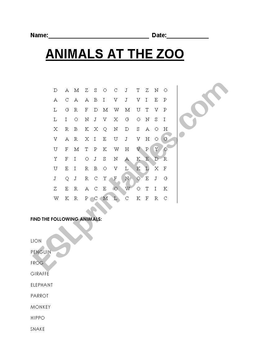 ANIMALS AT THE ZOO - WORD SEARCH