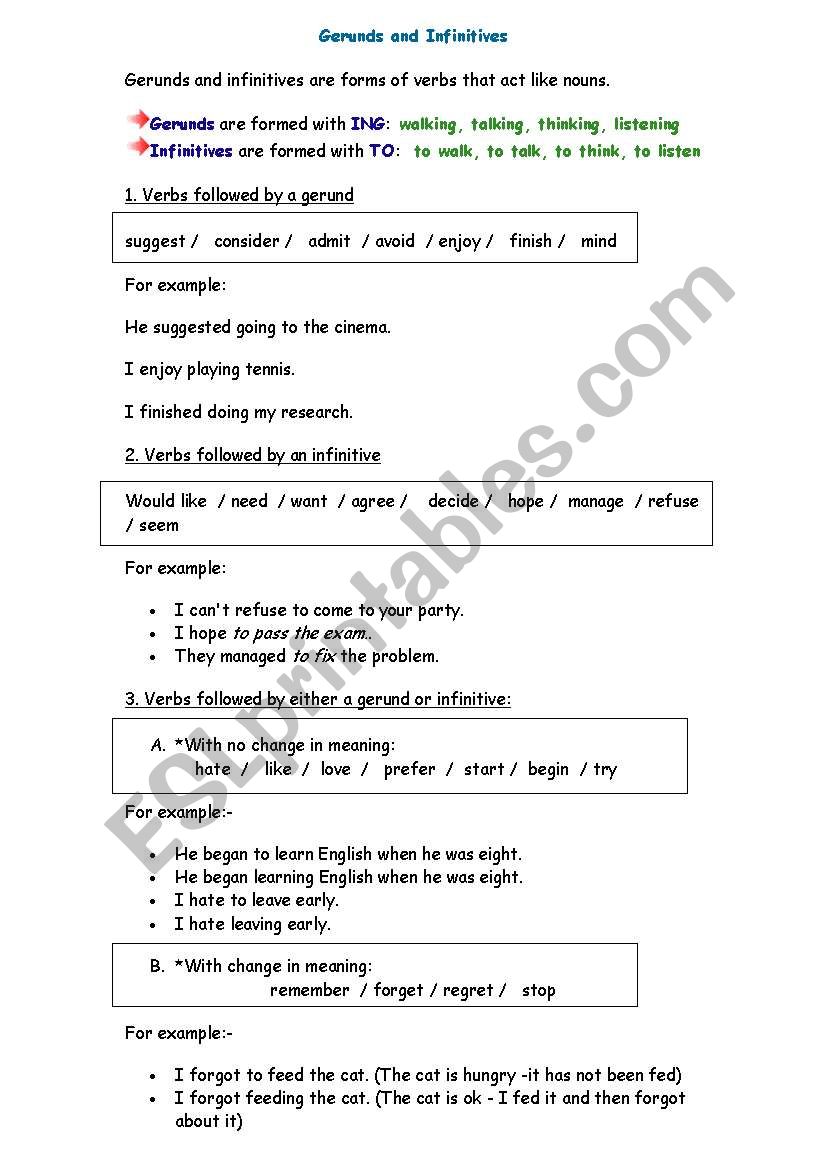 Gerunds and Infinitives worksheet