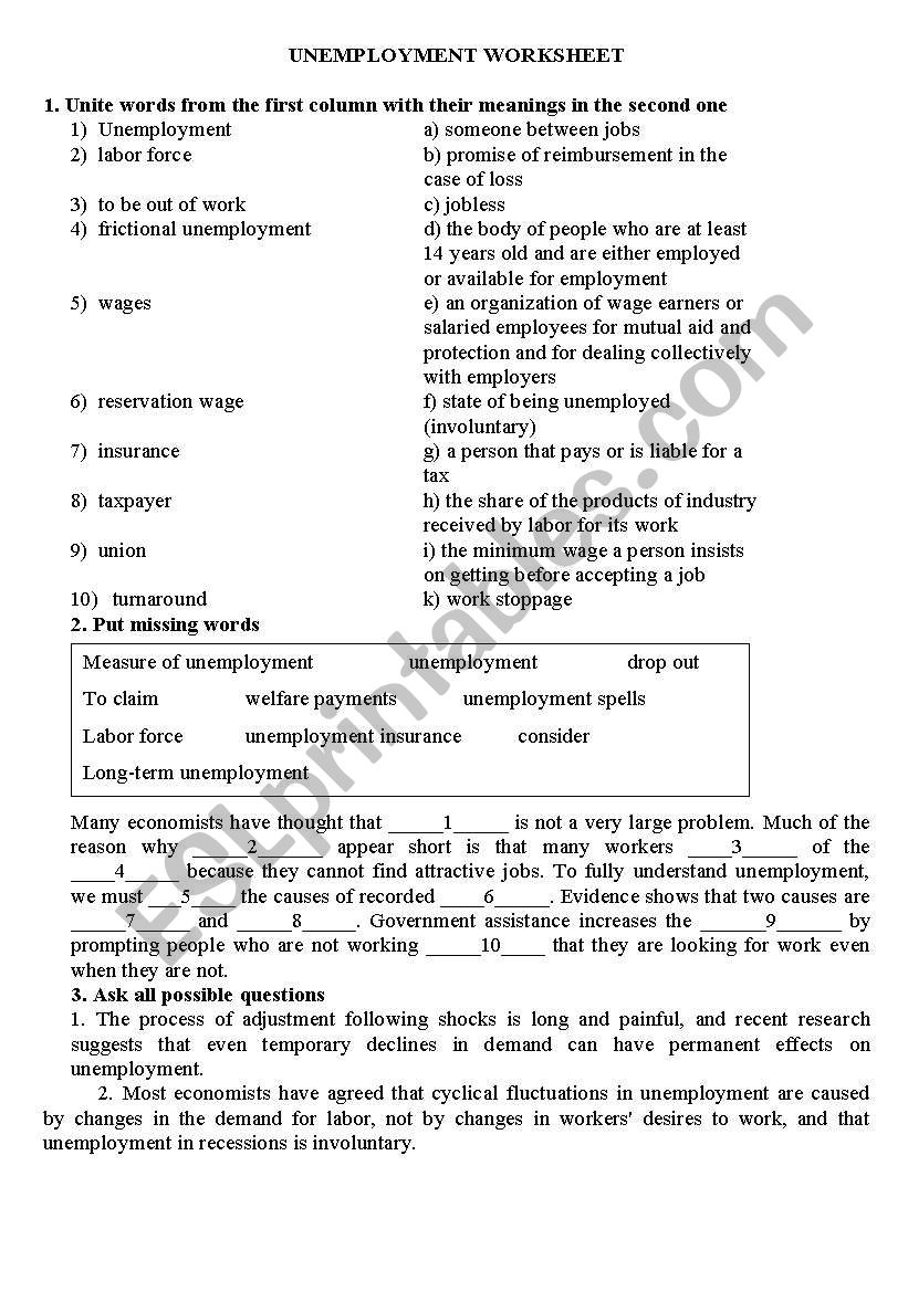 Unemployment worksheet worksheet