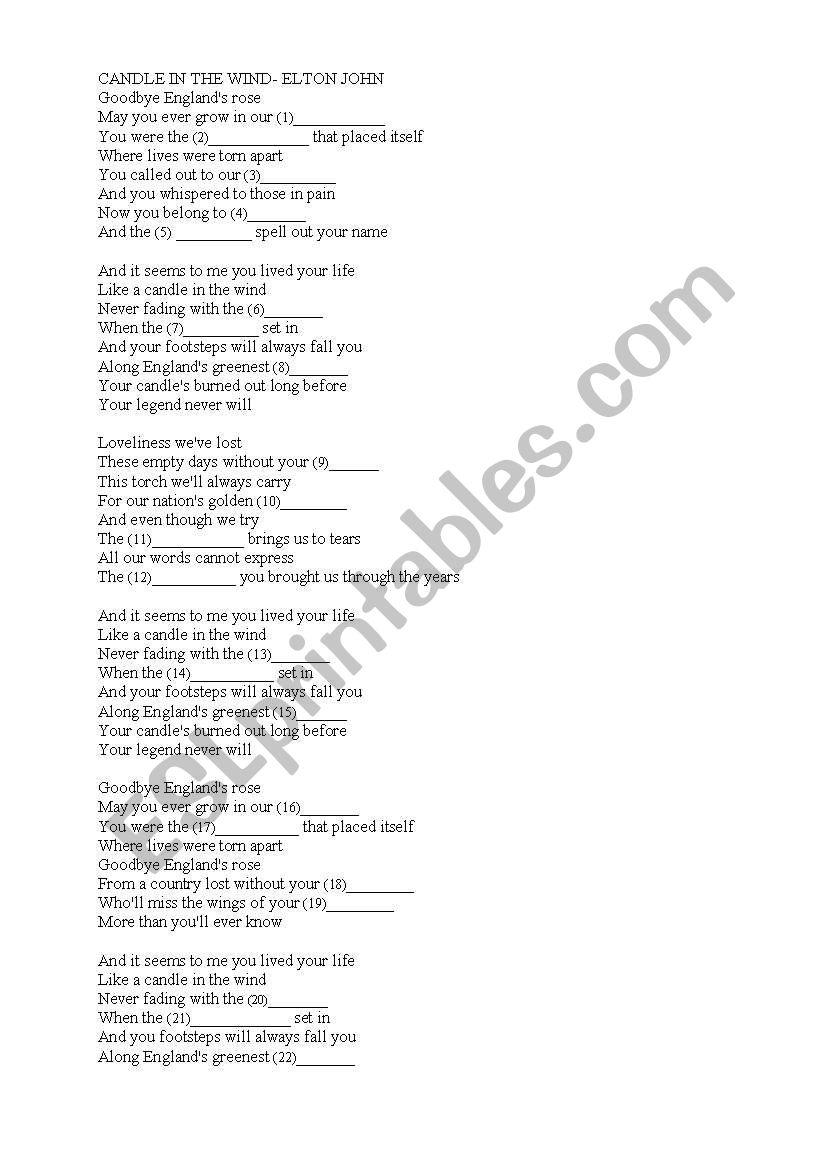 CANDLE IN THE WIND- ELTON JOHN worksheet for group B