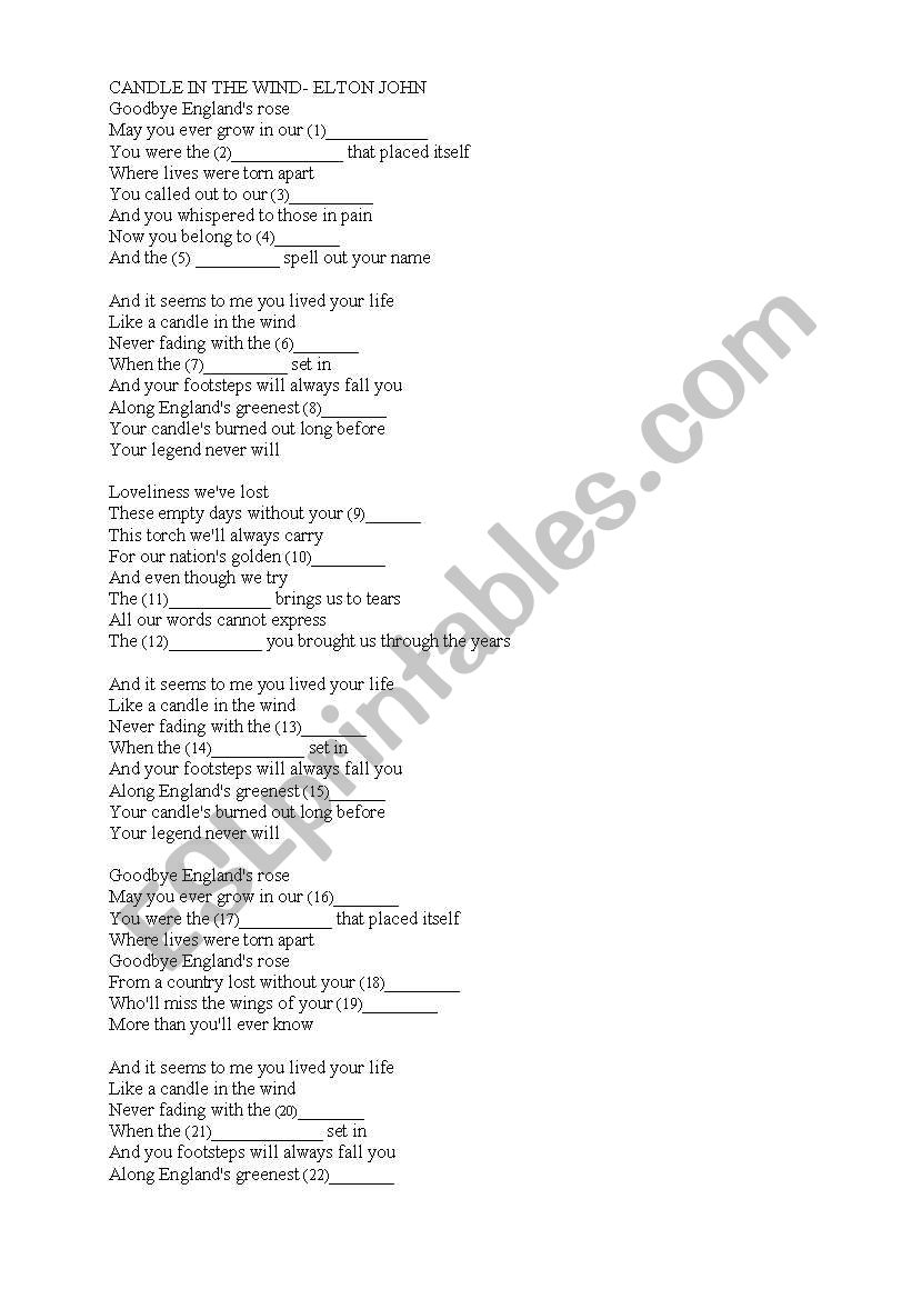 English worksheets: CANDLE IN THE WIND- ELTON JOHN worksheet for group B