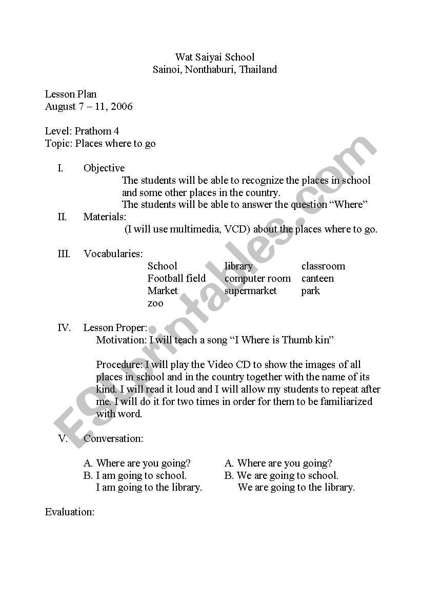 Place where to go worksheet