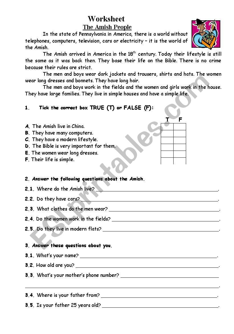 The amish people worksheet