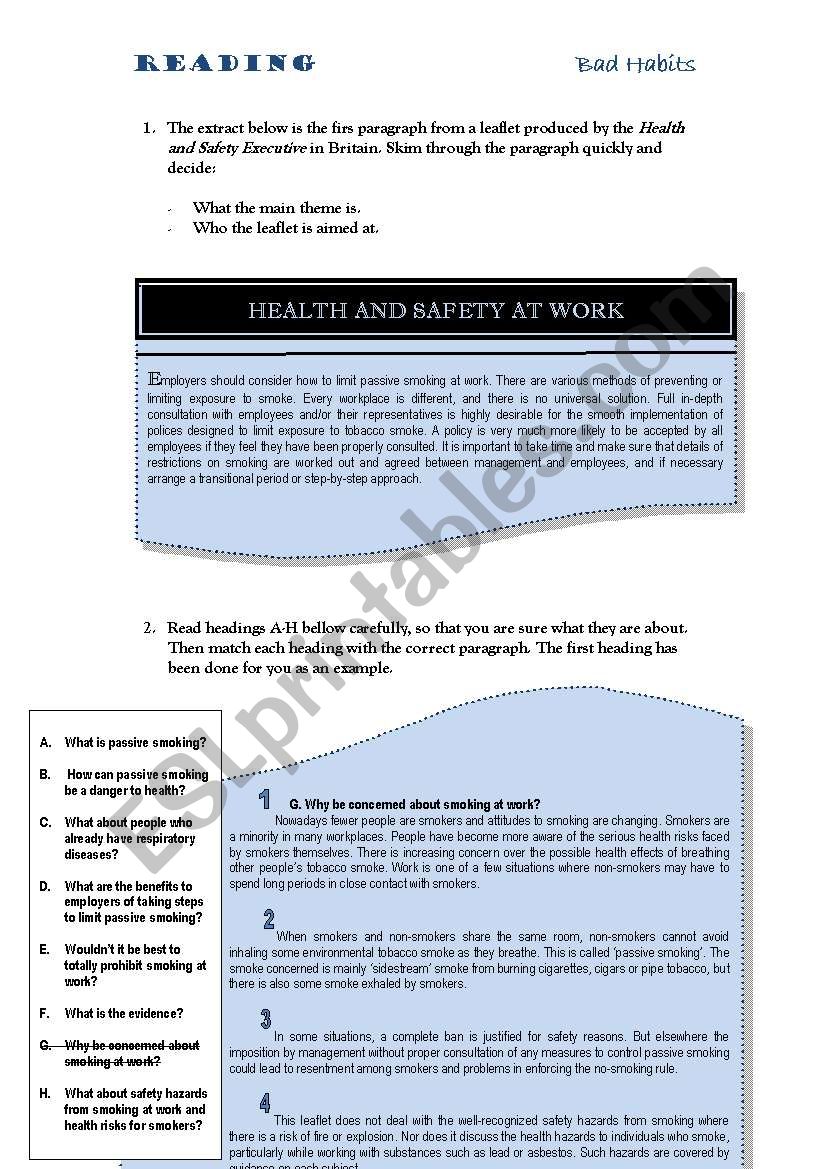 Reading Activity. Bad habits: smoking 2 pages