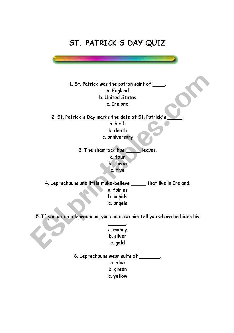 St Patricks Day quiz worksheet