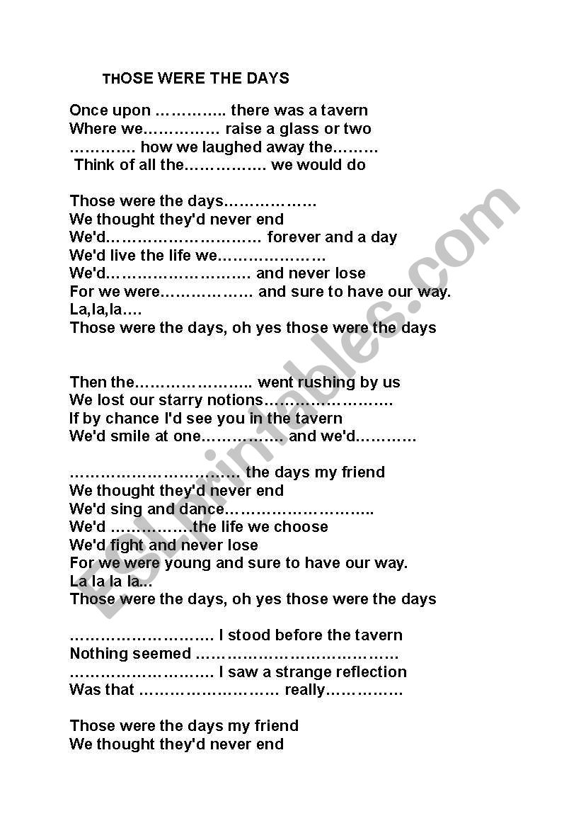 those were the daysssss song worksheet