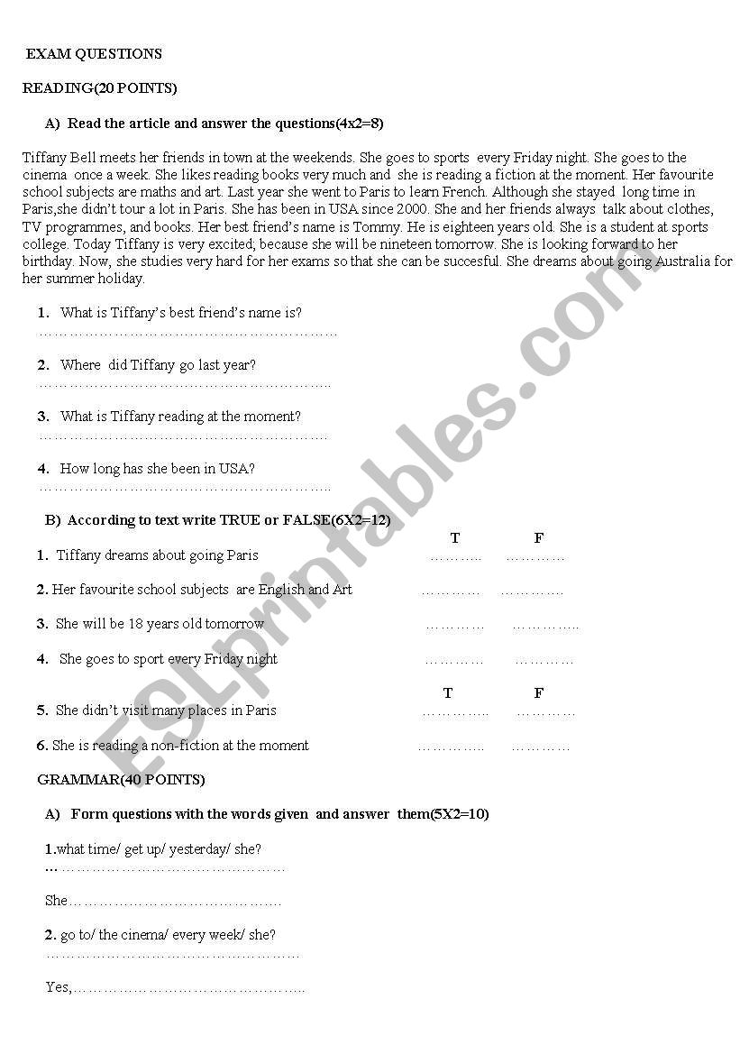 exam questions for 8th grades worksheet