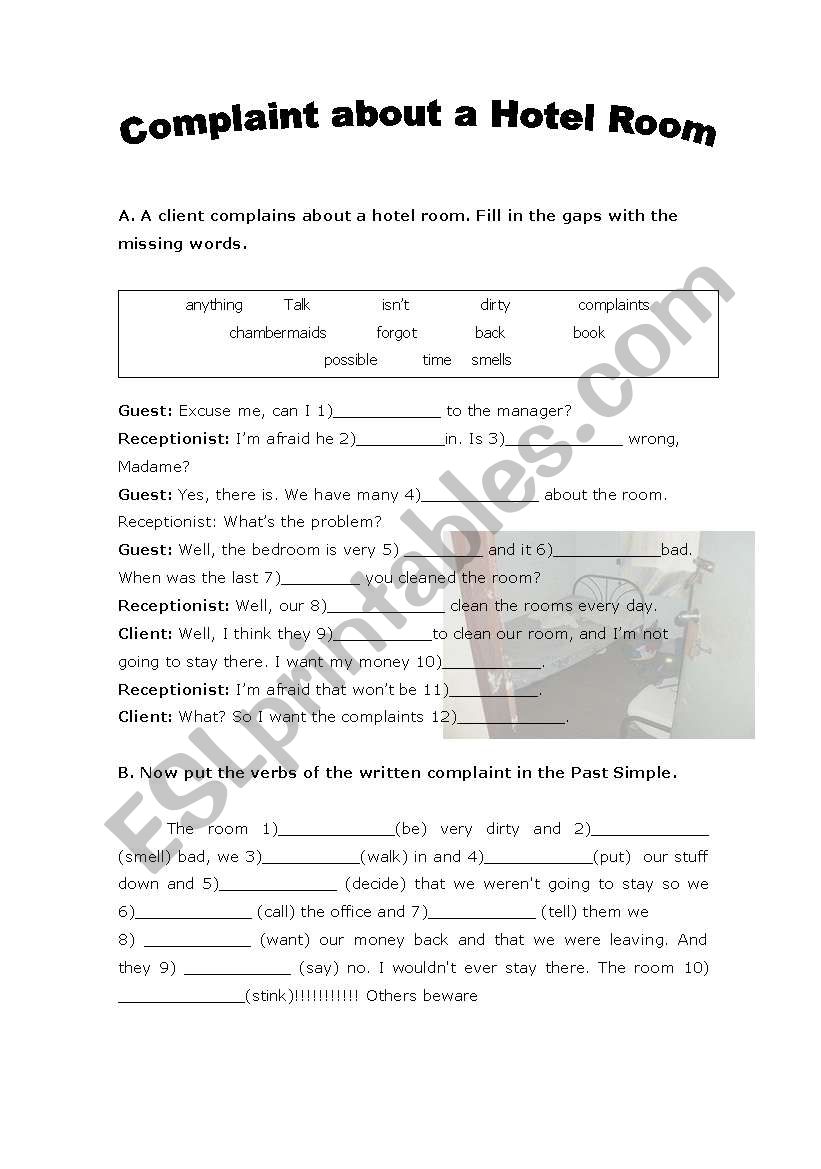 Complaints about a hotel room worksheet