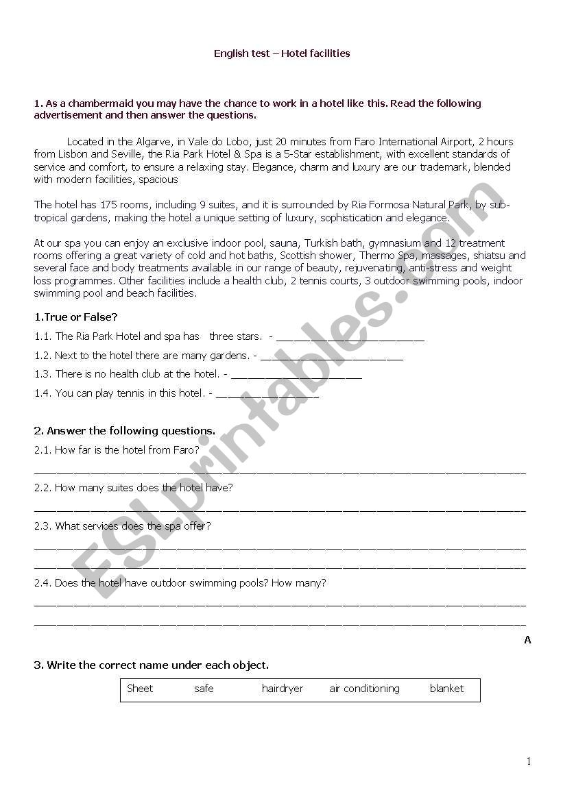 Test - Hotel facilities worksheet