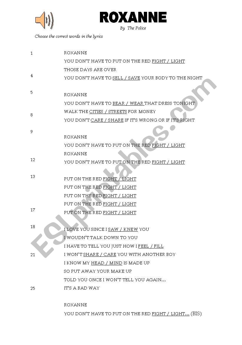 English Worksheets Roxanne The Song By The Police