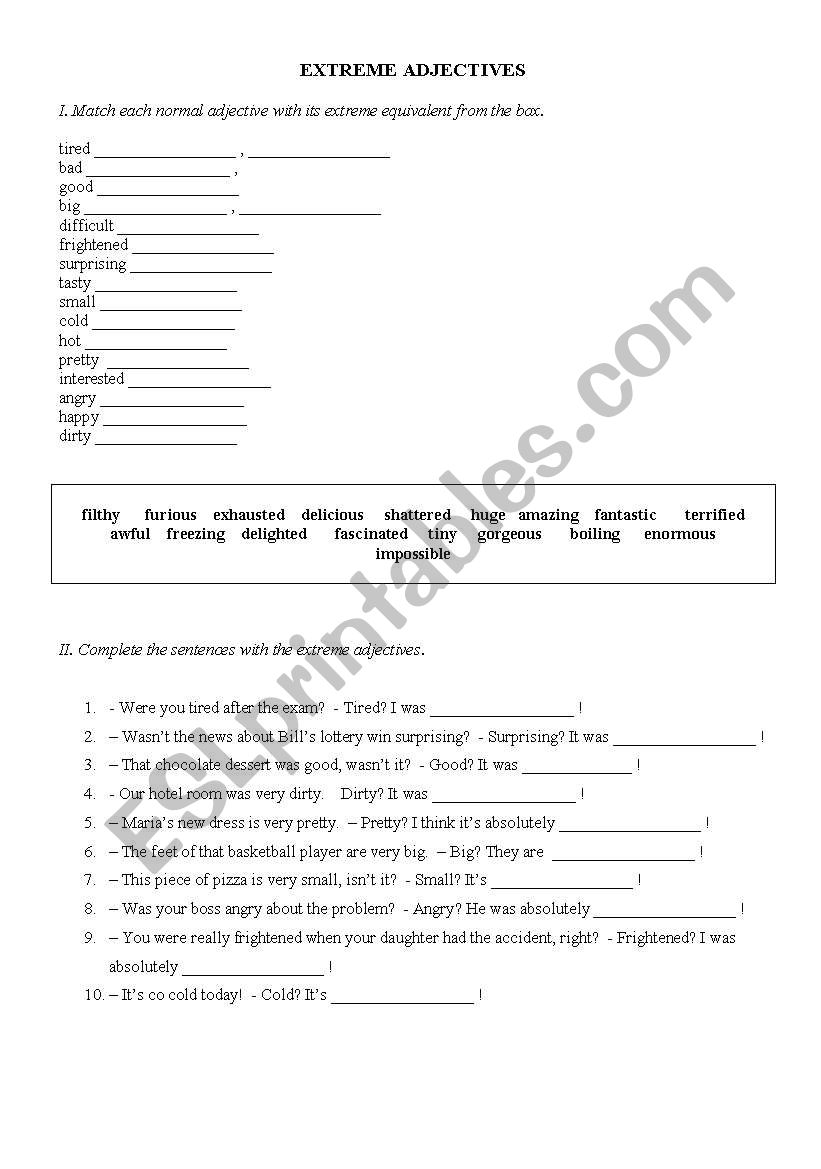 extreme adjectives worksheet