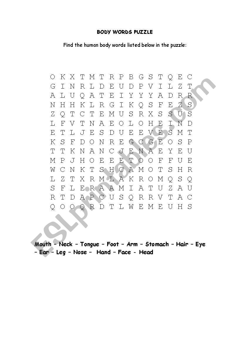 Body words puzzle worksheet