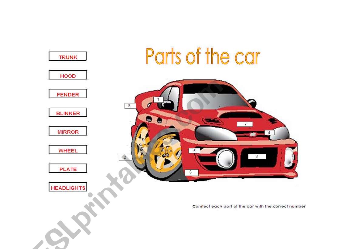 Vocabulary - Parts of the car worksheet