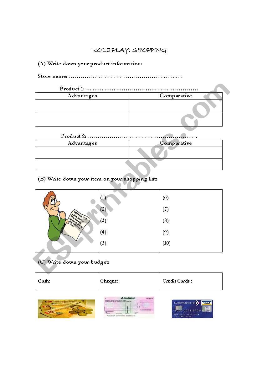 ROLE PLAY SHOPPING worksheet