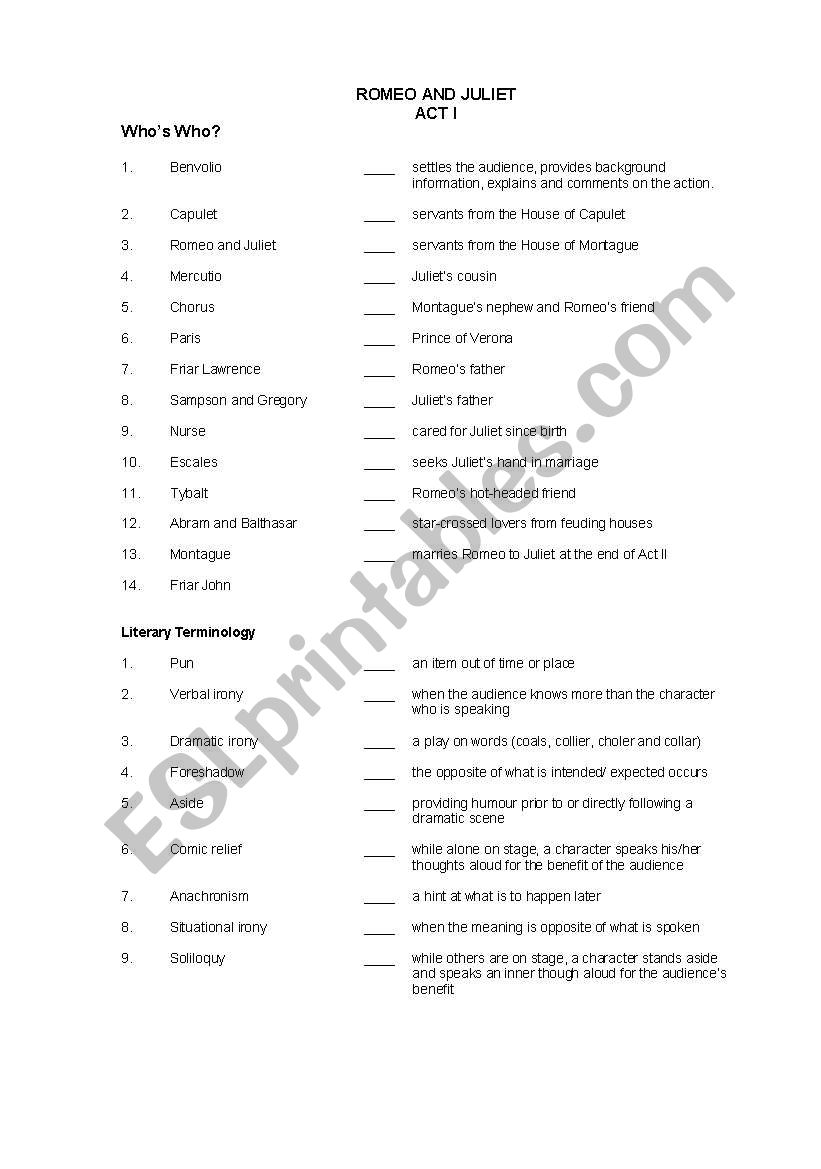 Romeo and Juliet Act 1 worksheet