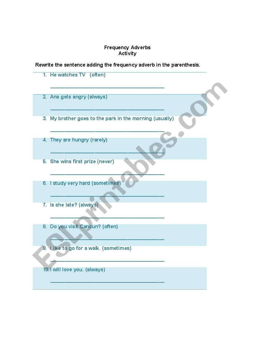 Adverbs of Frequency worksheet